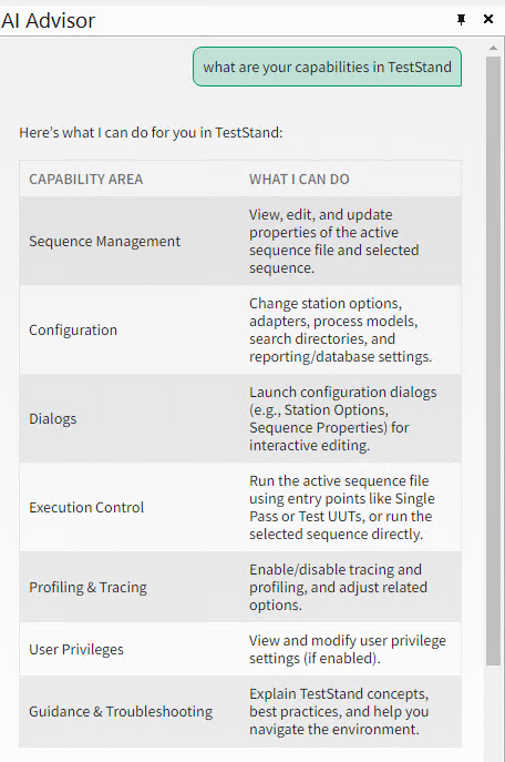 TestStand Nigel AI Advisor capabilities
