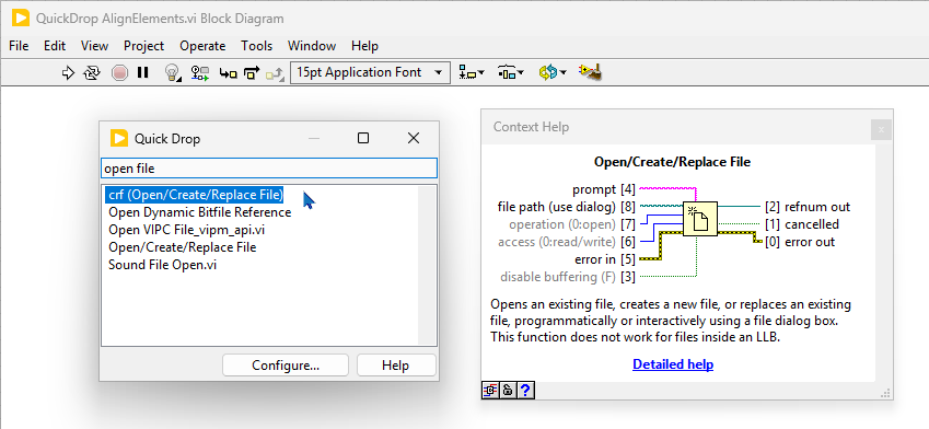Quick Drop wird in LabVIEW mit der Tastenkombination STRG + Leertaste geöffnet.