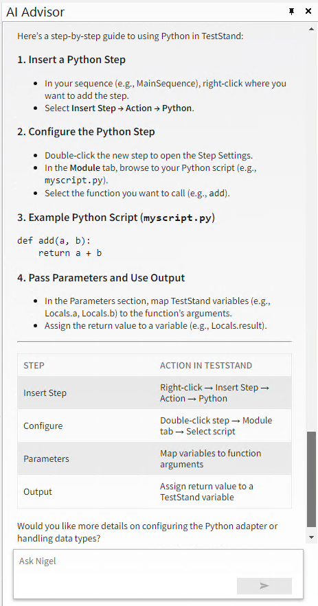 Python in TestStand, NI Nigel, AI Advisor