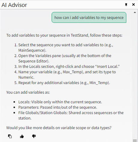 TestStand 2025 Q3, Nigel AI Advisor, Create Variables